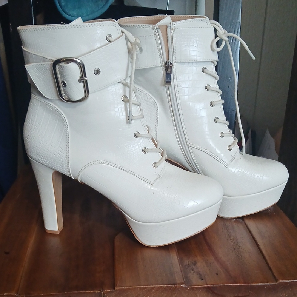 White Heeled Combat Boots with Platform